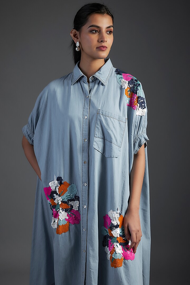 Blue Cotton & Washed Denim Floral Beads Embellished Vacation Dress by Nakateki at Pernia's Pop Up Shop