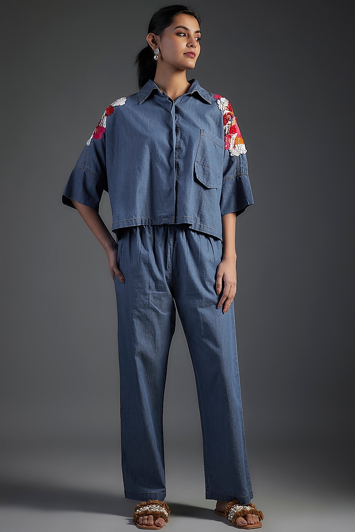 Blue Cotton & Denim Floral Applique Embellished Co-Ord Set by Nakateki at Pernia's Pop Up Shop