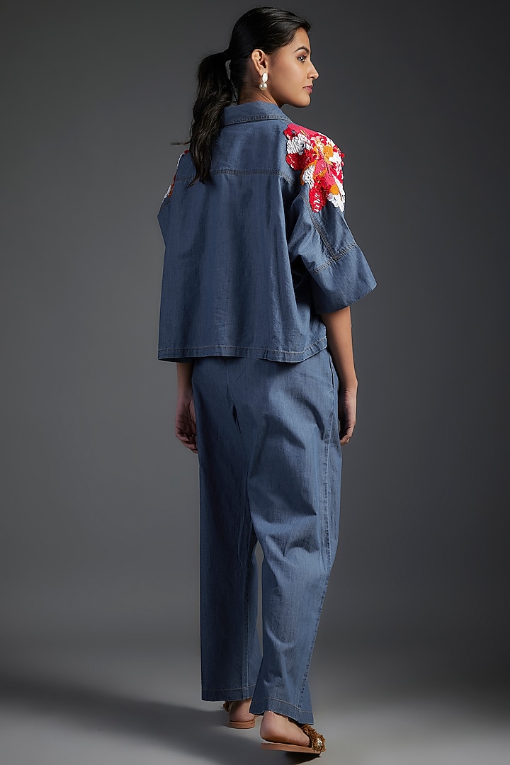 Blue Cotton & Denim Floral Applique Embellished Co-Ord Set by Nakateki at Pernia's Pop Up Shop
