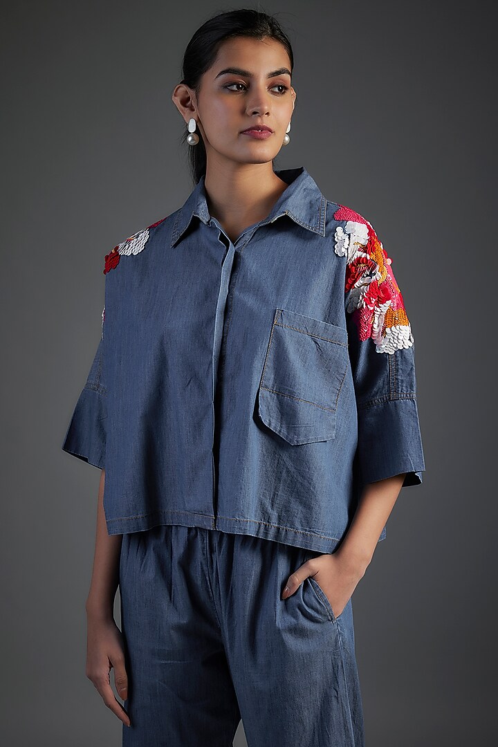 Blue Cotton & Denim Floral Applique Embellished Co-Ord Set by Nakateki at Pernia's Pop Up Shop