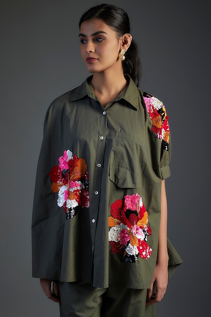 Green Cotton Poplin Floral Beads Embellished Co-Ord Set by Nakateki at Pernia's Pop Up Shop