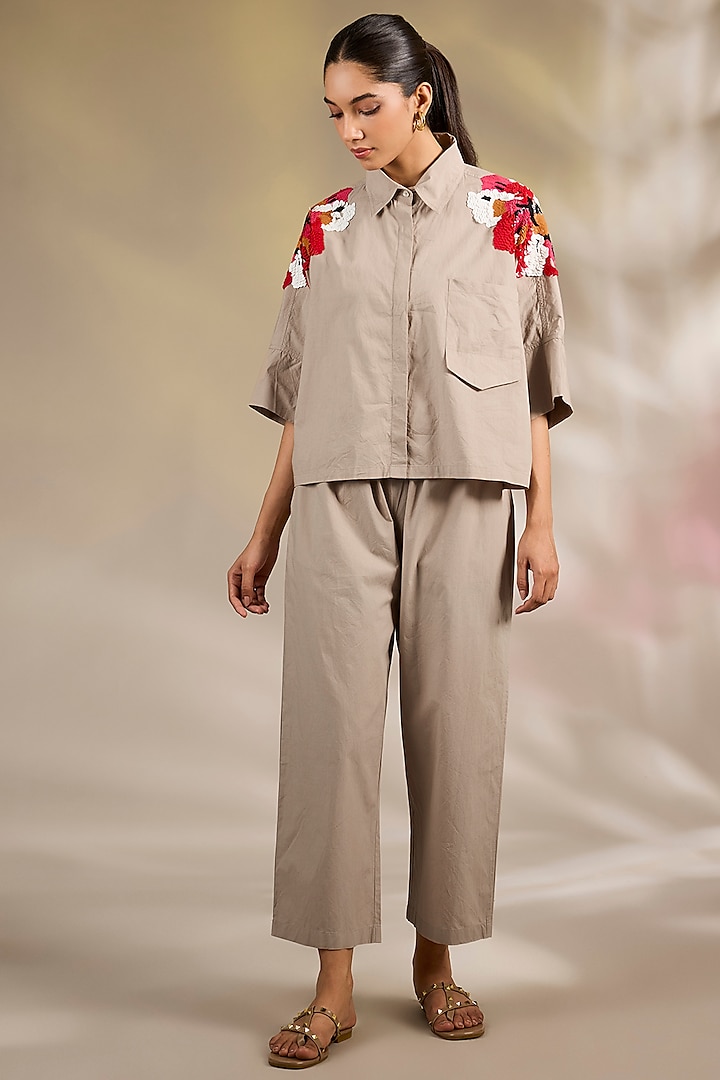 Beige Cotton Poplin Floral Embellished Co-Ord Set by Nakateki at Pernia's Pop Up Shop
