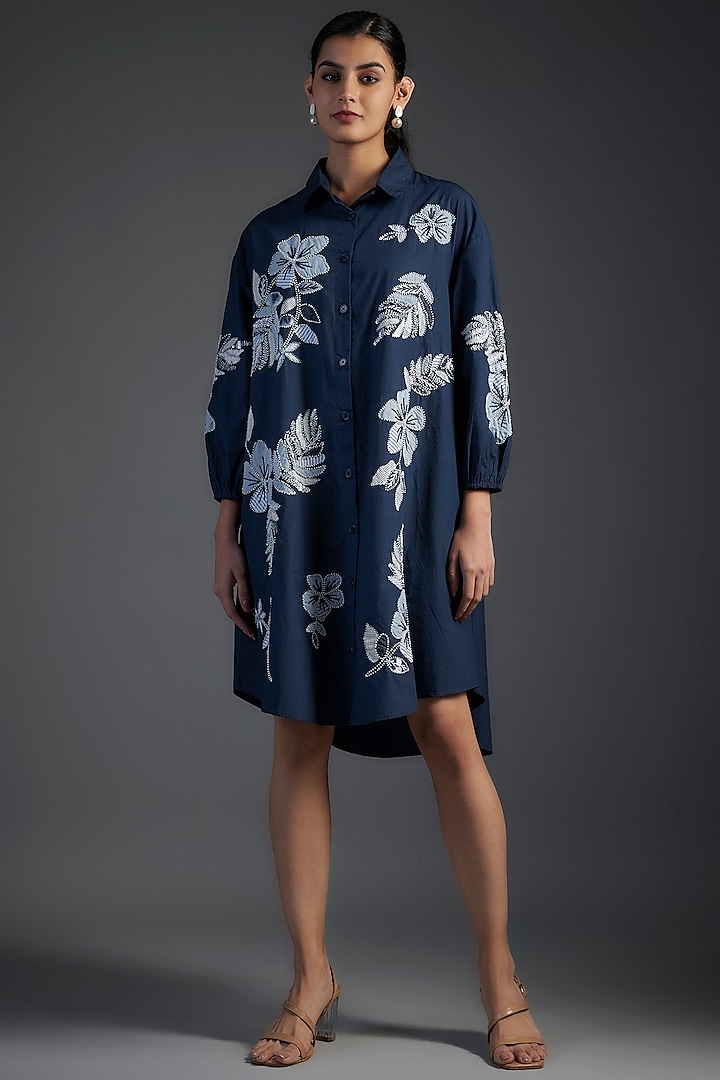 Blue Cotton Poplin Floral Patch Work Embellished High-Low Dress by Nakateki at Pernia's Pop Up Shop