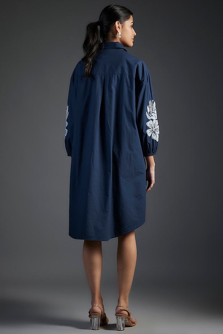Blue Cotton Poplin Floral Patch Work Embellished High-Low Vacation Dress by Nakateki at Pernia's Pop Up Shop