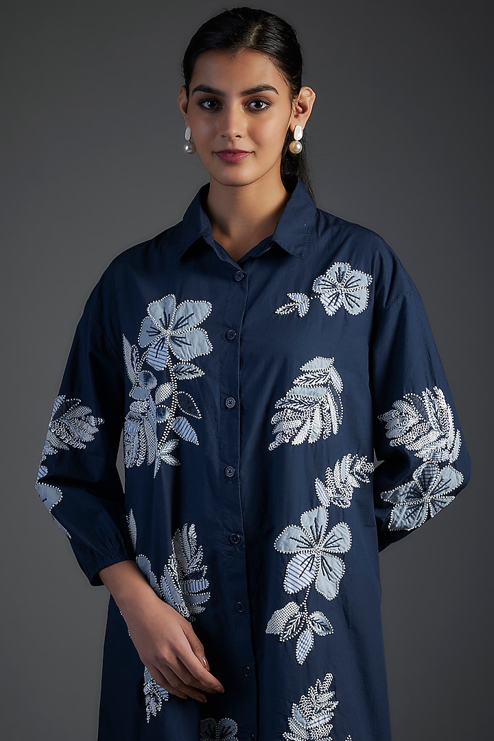 Blue Cotton Poplin Floral Patch Work Embellished High-Low Vacation Dress by Nakateki at Pernia's Pop Up Shop