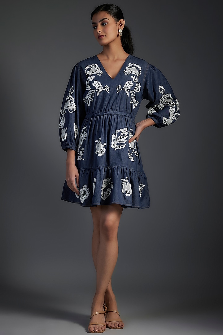 Blue Cotton & Denim Floral Embroidered Mini Dress by Nakateki at Pernia's Pop Up Shop