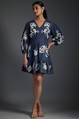 Blue Cotton & Denim Floral Embroidered Mini Dress by Nakateki