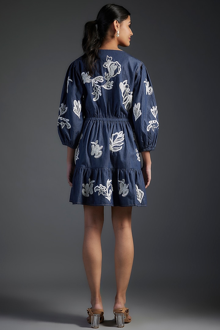 Blue Cotton & Denim Floral Embroidered Mini Vacation Dress by Nakateki at Pernia's Pop Up Shop