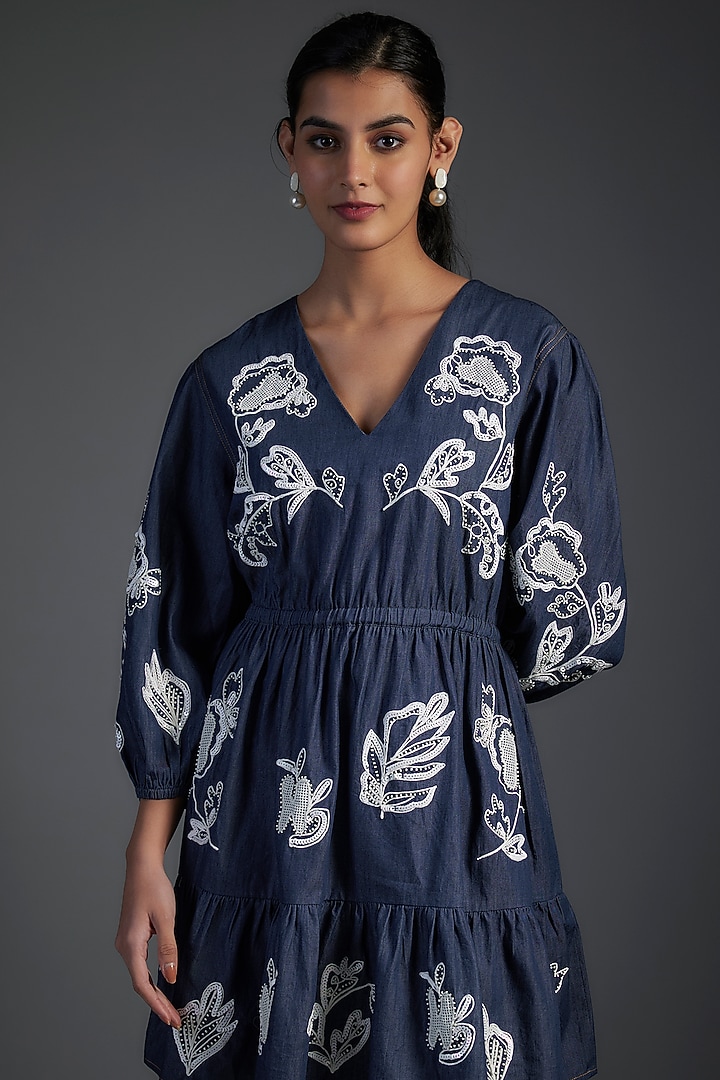 Blue Cotton & Denim Floral Embroidered Mini Vacation Dress by Nakateki at Pernia's Pop Up Shop