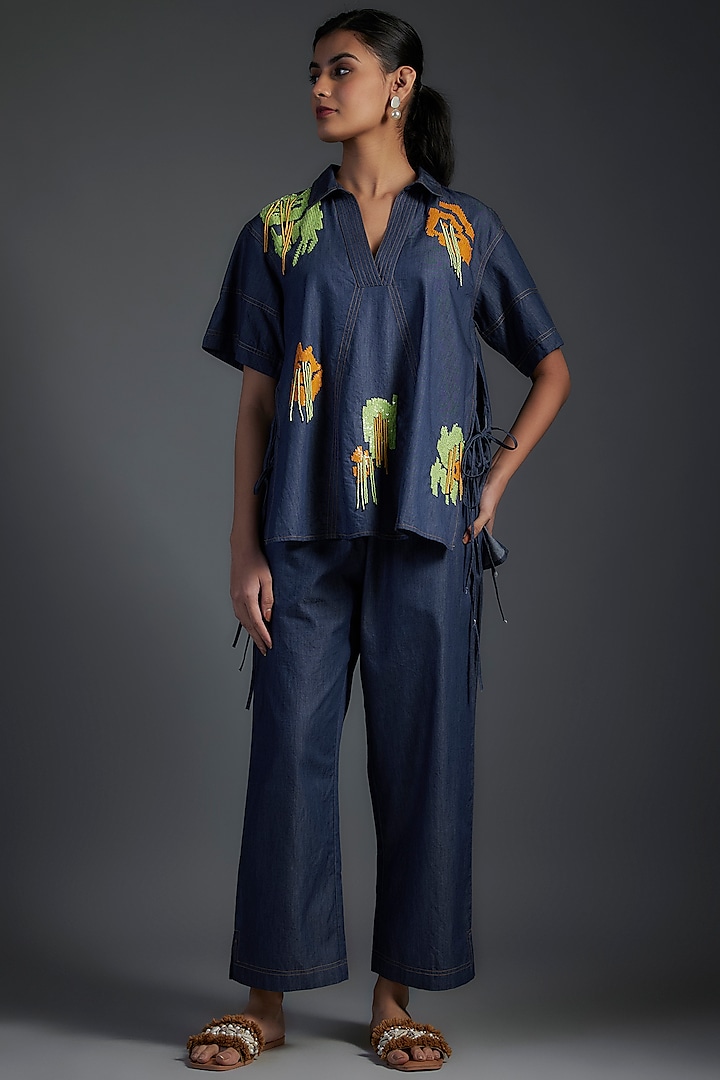 Blue Cotton & Denim Applique Floral Embellished Co-Ord Set by Nakateki at Pernia's Pop Up Shop