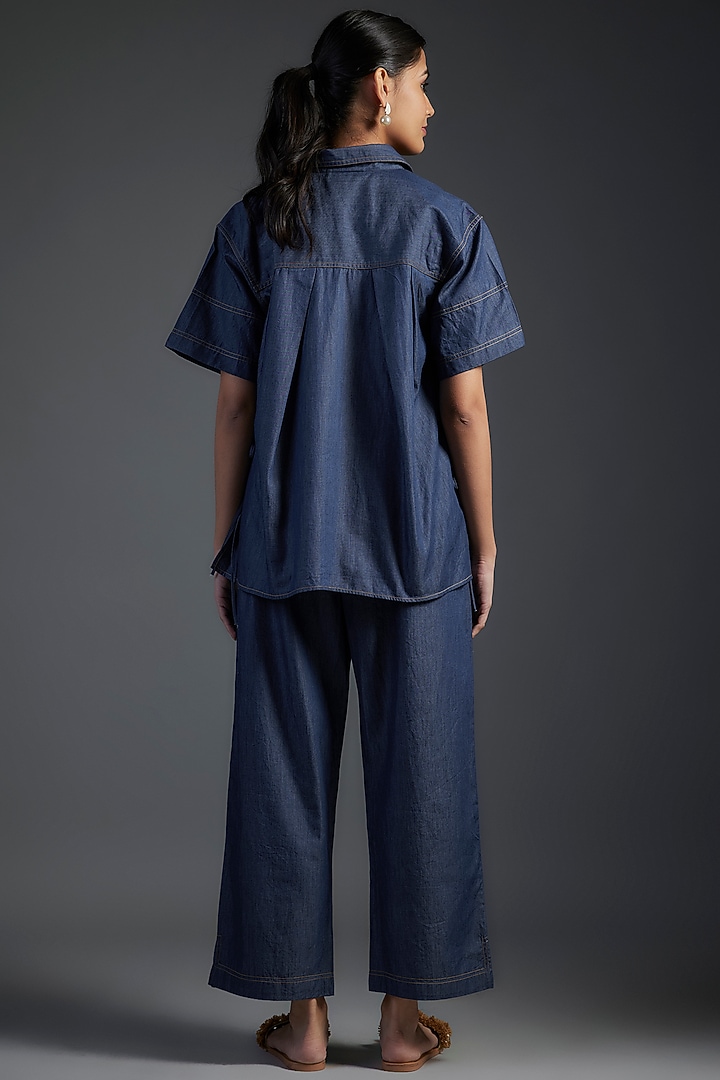 Blue Cotton & Denim Applique Floral Embellished Co-Ord Set by Nakateki at Pernia's Pop Up Shop