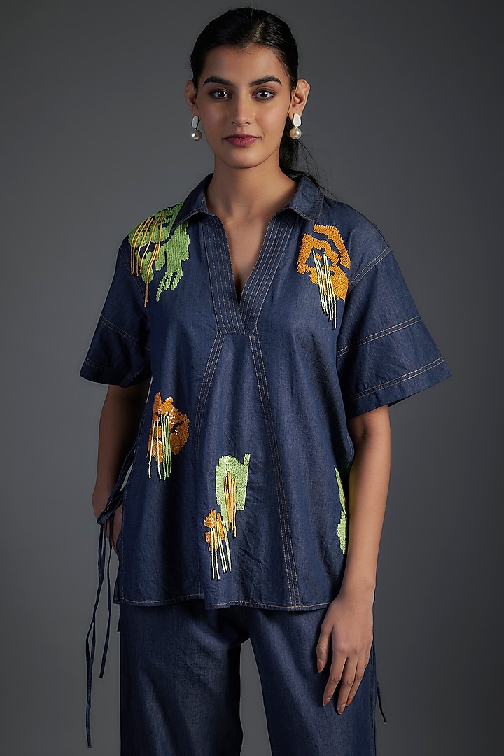 Blue Cotton & Denim Applique Floral Embellished Co-Ord Set by Nakateki at Pernia's Pop Up Shop