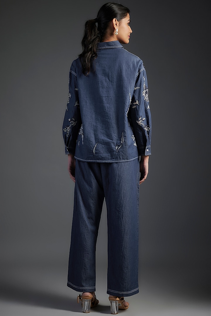 Blue Cotton & Denim Floral Patchwork Embellished Co-Ord Set by Nakateki at Pernia's Pop Up Shop