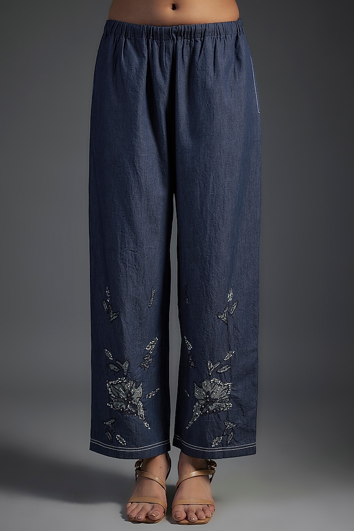 Blue Cotton & Denim Floral Patchwork Embellished Co-Ord Set by Nakateki at Pernia's Pop Up Shop
