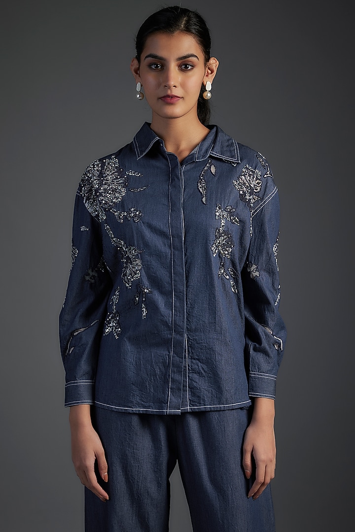 Blue Cotton & Denim Floral Patchwork Embellished Co-Ord Set by Nakateki at Pernia's Pop Up Shop