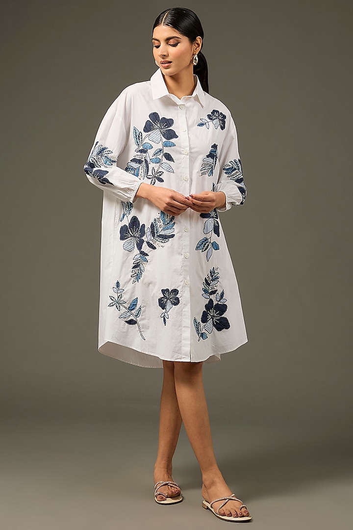 White Cotton Poplin Applique Embroidered Shirt Dress by Nakateki at Pernia's Pop Up Shop