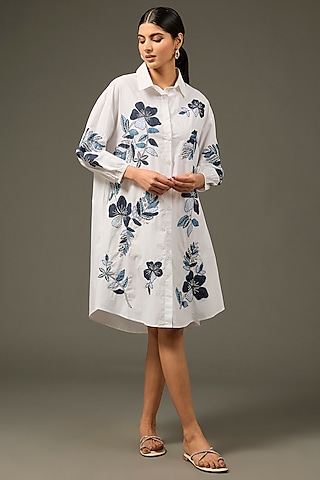 White Cotton Poplin Applique Embroidered Shirt Dress by Nakateki