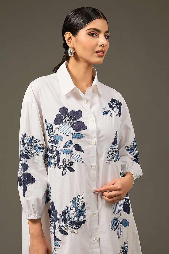 White Cotton Poplin Applique Embroidered Vacation Shirt Dress by Nakateki at Pernia's Pop Up Shop