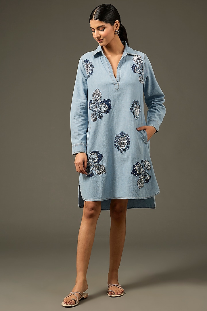 Blue Denim Cotton Embellished Midi Dress by Nakateki at Pernia's Pop Up Shop