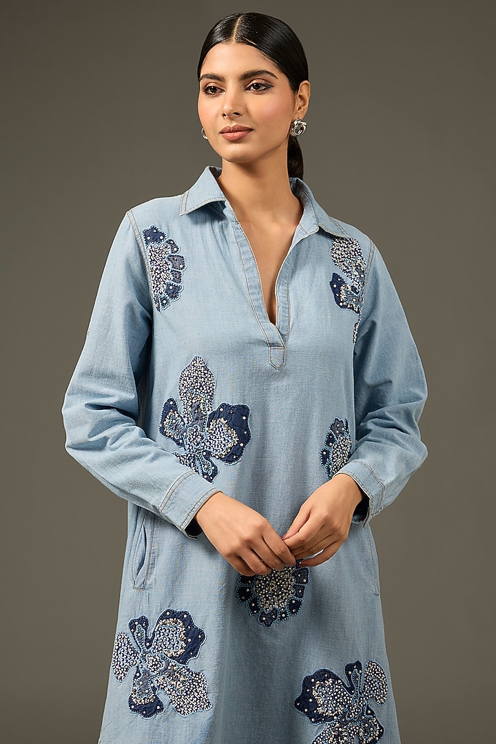 Blue Denim Cotton Embellished Midi Vacation Dress by Nakateki at Pernia's Pop Up Shop