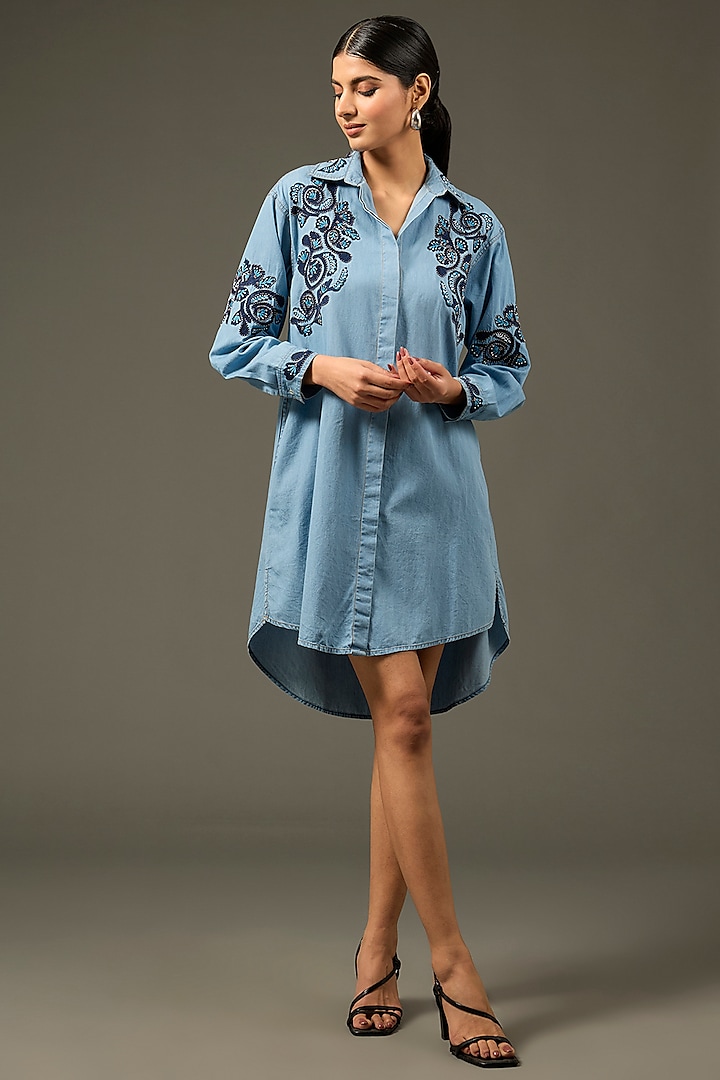 Blue Denim Cotton Beads Handwork Dress by Nakateki at Pernia's Pop Up Shop