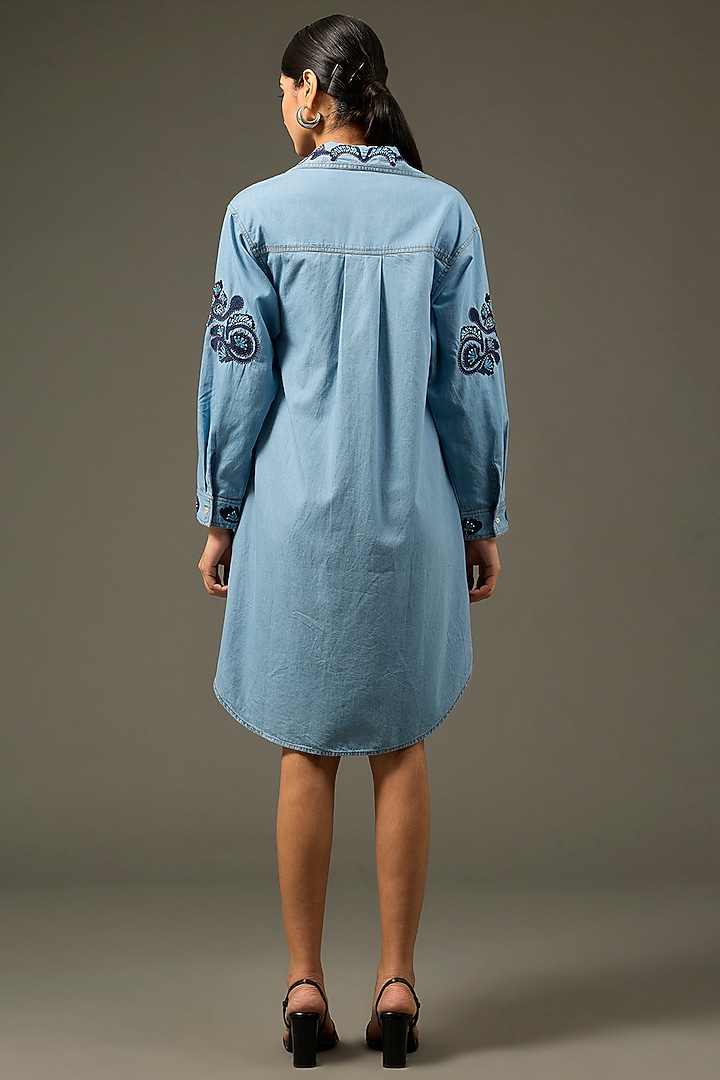 Blue Denim Cotton Beads Handwork Vacation Dress by Nakateki at Pernia's Pop Up Shop