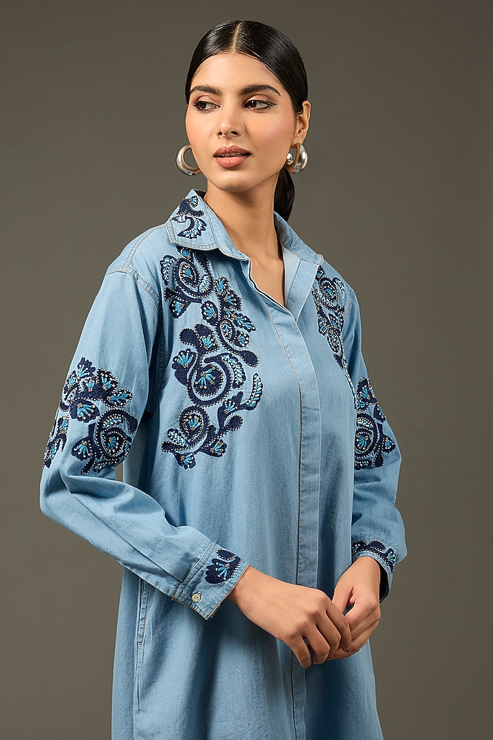 Blue Denim Cotton Beads Handwork Vacation Dress by Nakateki at Pernia's Pop Up Shop