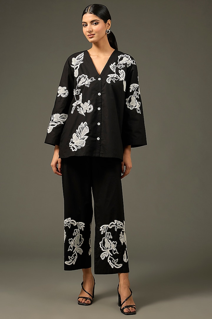 Black Cotton Poplin Dori Embroidered Co-Ord Set by Nakateki at Pernia's Pop Up Shop