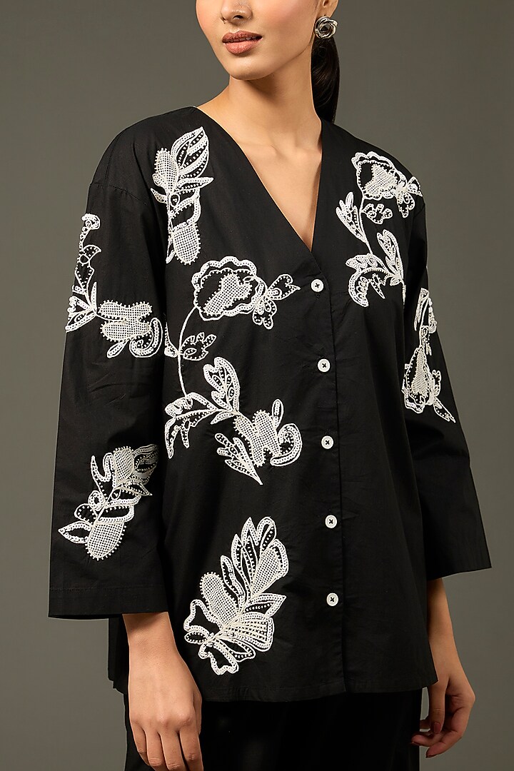 Black Cotton Poplin Dori Embroidered Co-Ord Set by Nakateki at Pernia's Pop Up Shop