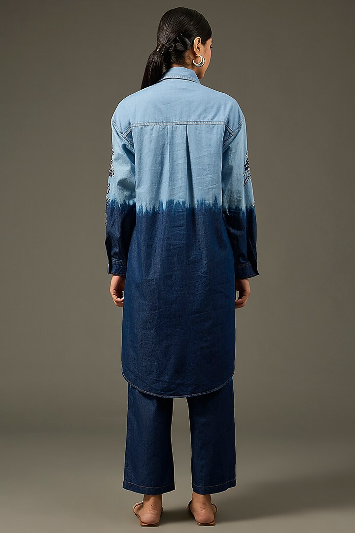 Blue Denim Cotton Floral Applique Embellished Ombre Co-Ord Set by Nakateki at Pernia's Pop Up Shop
