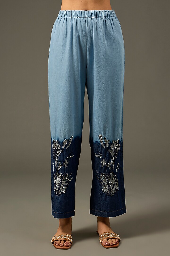 Blue Denim Cotton Floral Applique Embellished Ombre Co-Ord Set by Nakateki at Pernia's Pop Up Shop