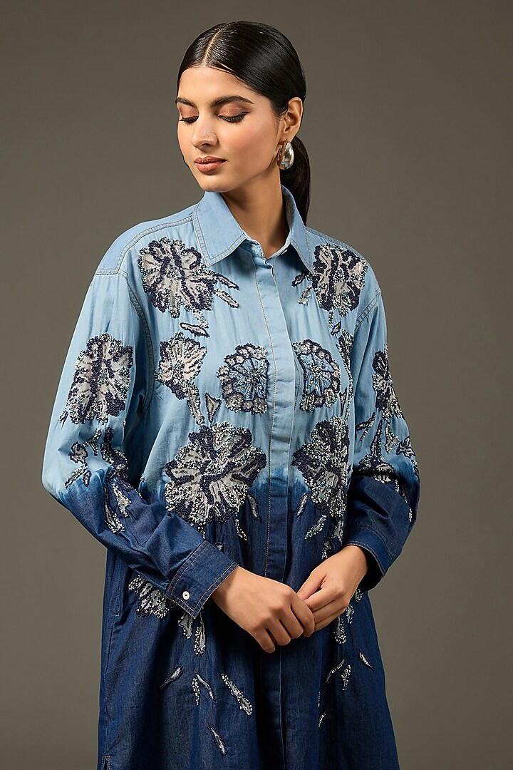 Blue Denim Cotton Floral Applique Embellished Ombre Co-Ord Set by Nakateki at Pernia's Pop Up Shop