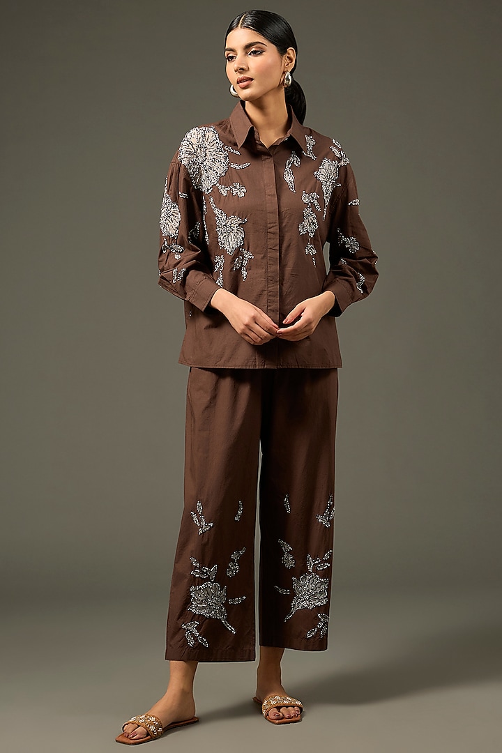 Brown Cotton Poplin Floral Embellished Co-Ord Set by Nakateki at Pernia's Pop Up Shop