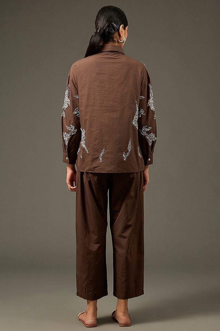 Brown Cotton Poplin Floral Embellished Co-Ord Set by Nakateki at Pernia's Pop Up Shop