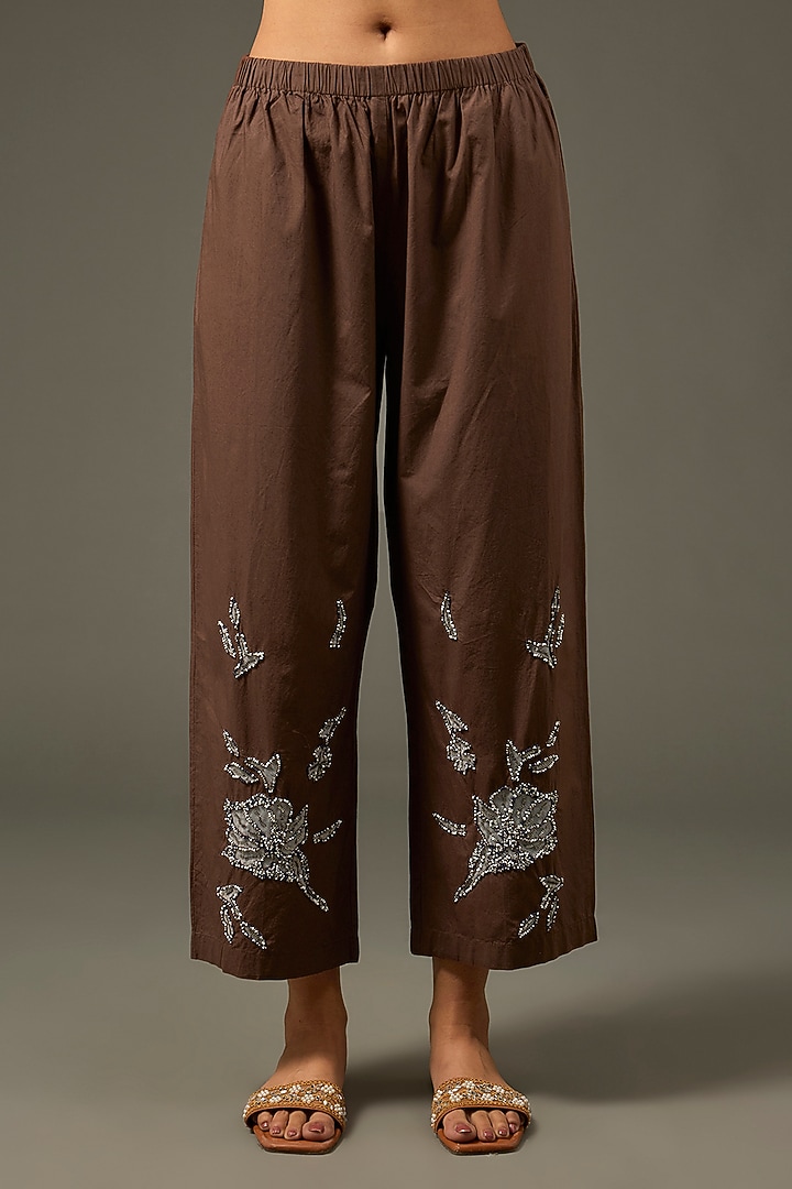 Brown Cotton Poplin Floral Embellished Co-Ord Set by Nakateki at Pernia's Pop Up Shop