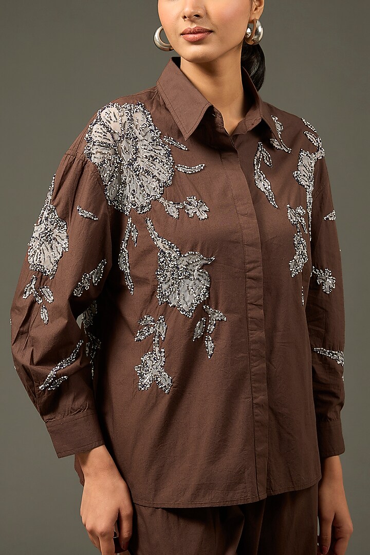 Brown Cotton Poplin Floral Embellished Co-Ord Set by Nakateki at Pernia's Pop Up Shop