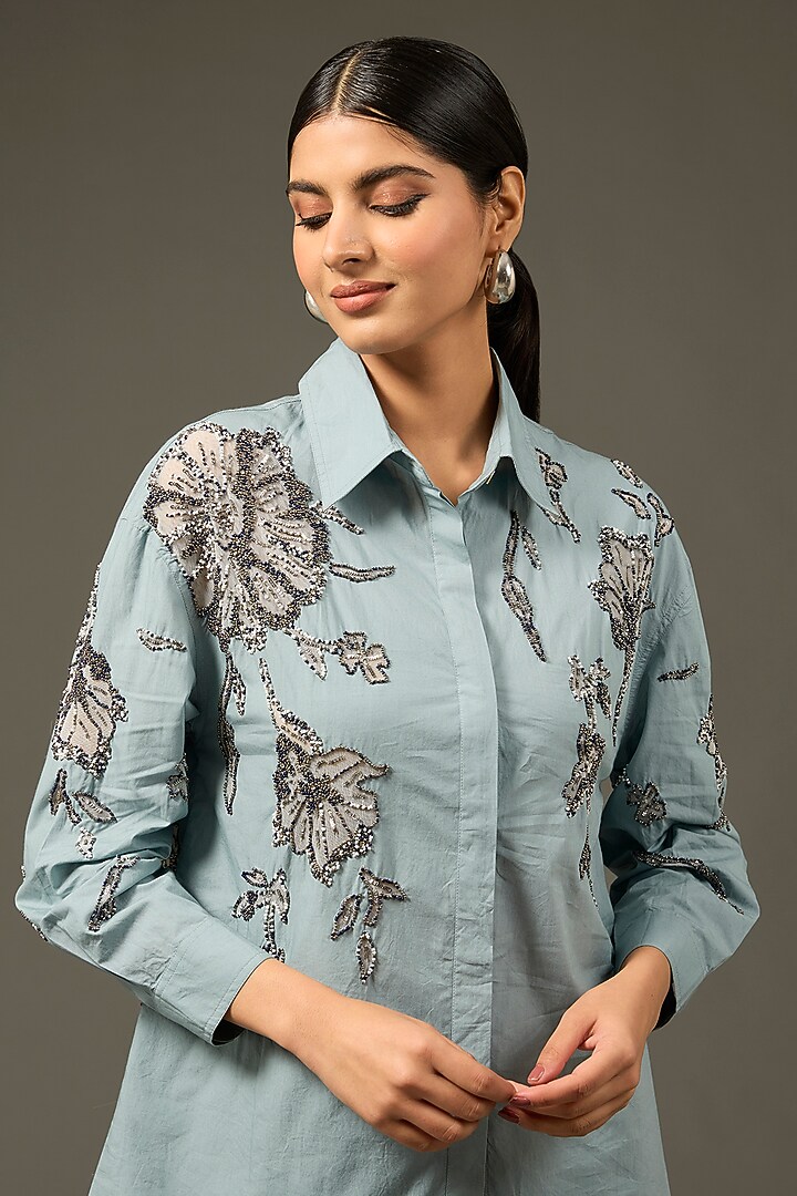 Grey Cotton Poplin Floral Embellished Co-Ord Set by Nakateki at Pernia's Pop Up Shop