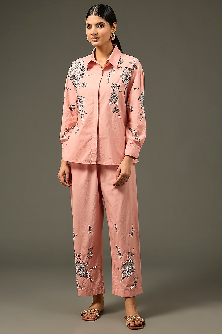 Pink Cotton Poplin Floral Embellished Co-Ord Set by Nakateki at Pernia's Pop Up Shop