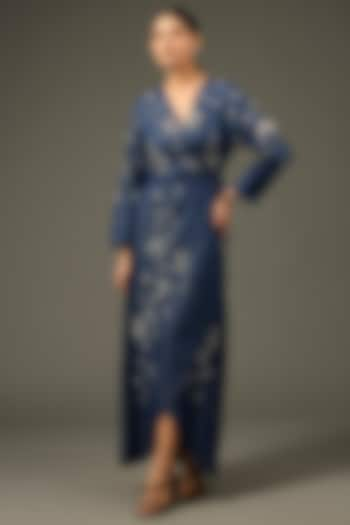 Blue Denim Cotton Floral Applique Embellished Maxi Wrap Dress by Nakateki at Pernia's Pop Up Shop