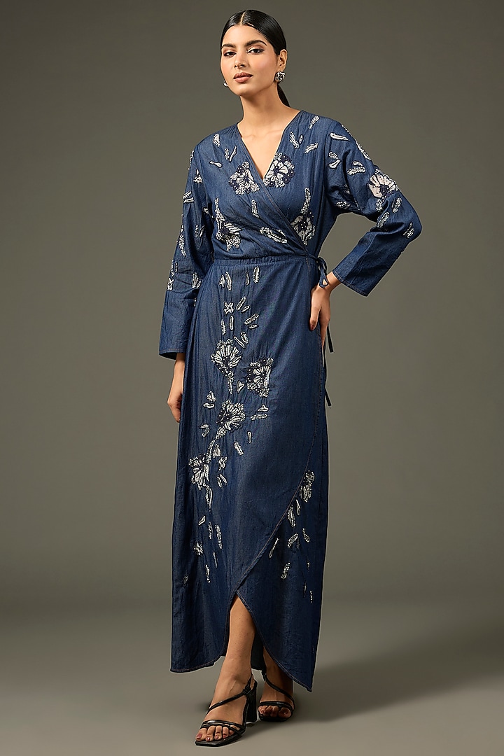 Blue Denim Cotton Floral Applique Embellished Maxi Wrap Dress by Nakateki at Pernia's Pop Up Shop