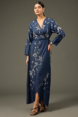 Blue Denim Cotton Floral Applique Embellished Maxi Wrap Dress by Nakateki