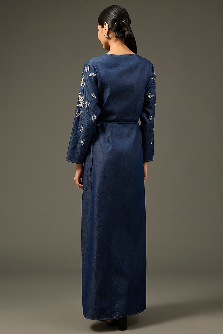 Blue Denim Cotton Floral Applique Embellished Maxi Wrap Vacation Dress by Nakateki at Pernia's Pop Up Shop