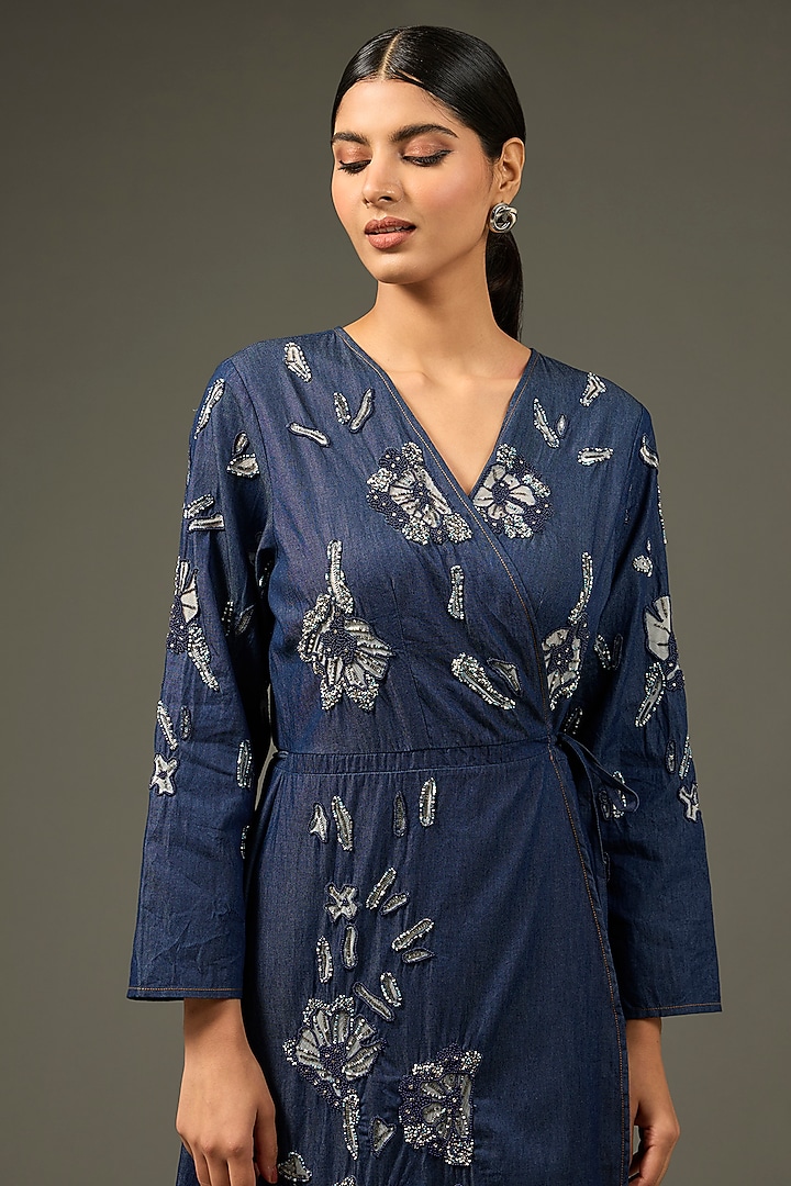 Blue Denim Cotton Floral Applique Embellished Maxi Wrap Vacation Dress by Nakateki at Pernia's Pop Up Shop