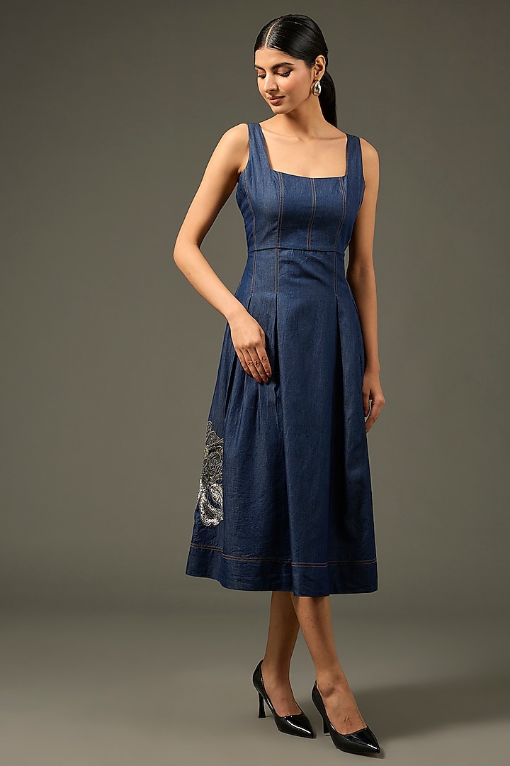 Blue Denim Cotton Floral Handwork Pleated Dress by Nakateki at Pernia's Pop Up Shop