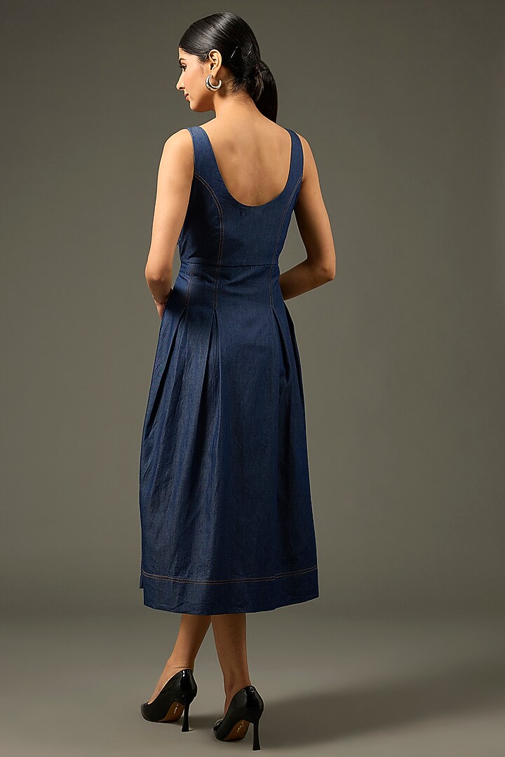 Blue Denim Cotton Floral Handwork Pleated Vacation Dress by Nakateki at Pernia's Pop Up Shop