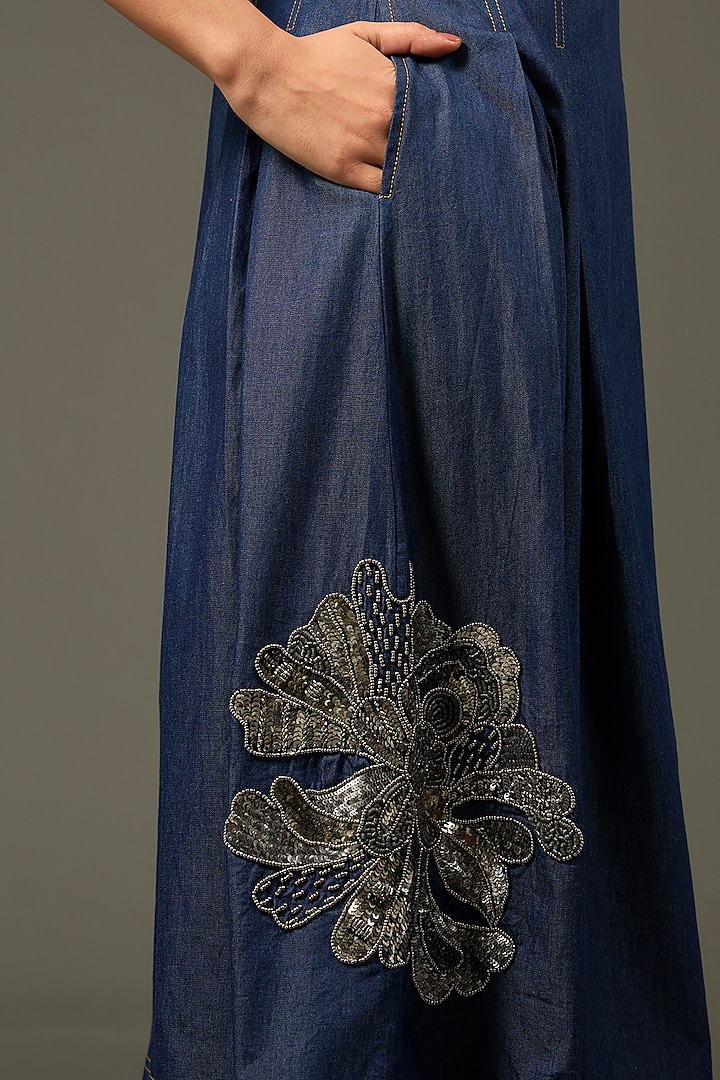 Blue Denim Cotton Floral Handwork Pleated Vacation Dress by Nakateki at Pernia's Pop Up Shop