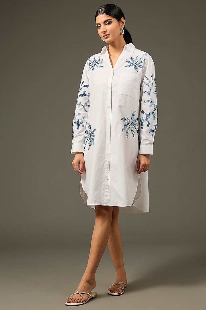 White Cotton Poplin & Denim Embroidered Shirt Dress by Nakateki at Pernia's Pop Up Shop