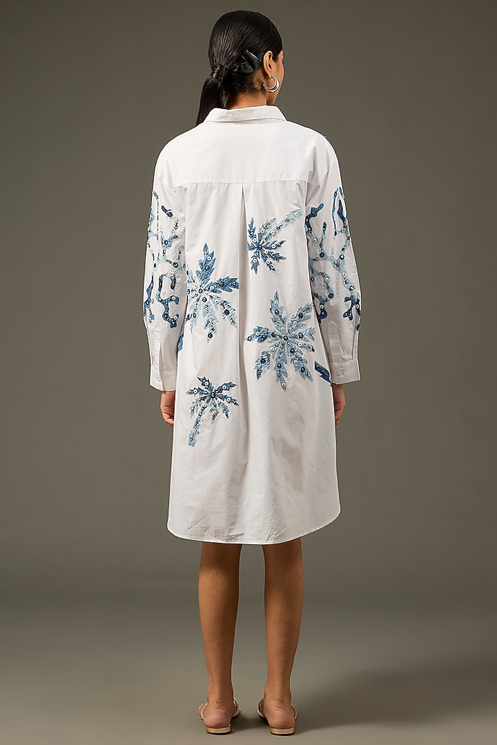 White Cotton Poplin & Denim Embroidered Vacation Shirt Dress by Nakateki at Pernia's Pop Up Shop