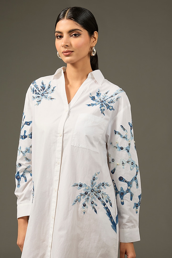 White Cotton Poplin & Denim Embroidered Vacation Shirt Dress by Nakateki at Pernia's Pop Up Shop