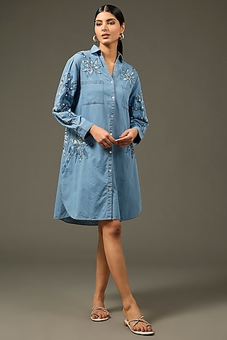 Blue Denim Cotton Applique Handwork Dress by Nakateki